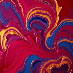 oil paint swirls on a glass palette in rich burgundy, deep blue, and warm gold hues.  