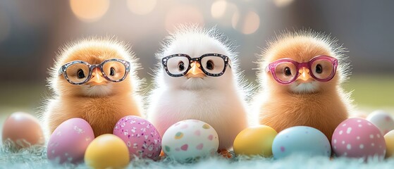 Fototapeta premium Three fluffy chicks with glasses, surrounded by Easter eggs, playful and cute