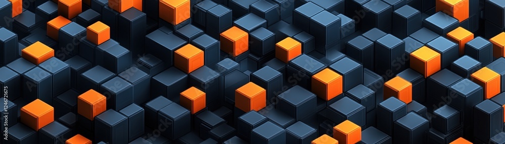 Poster three dimensional cube pattern in contrasting orange and blue colors arranged in an abstract design