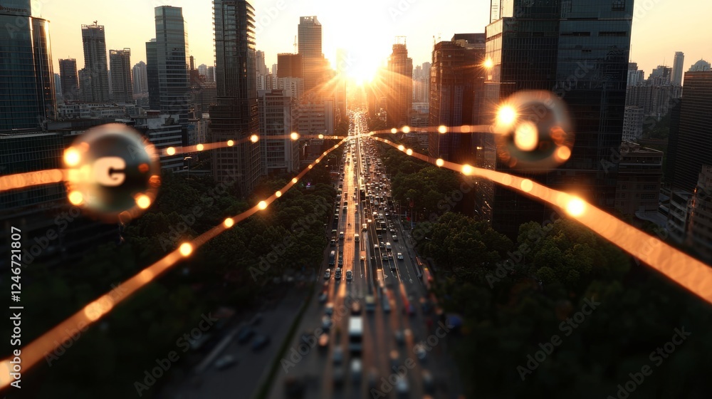 Poster the bustling cityscape illuminated by the integration of 5g wireless technologies and internet of th