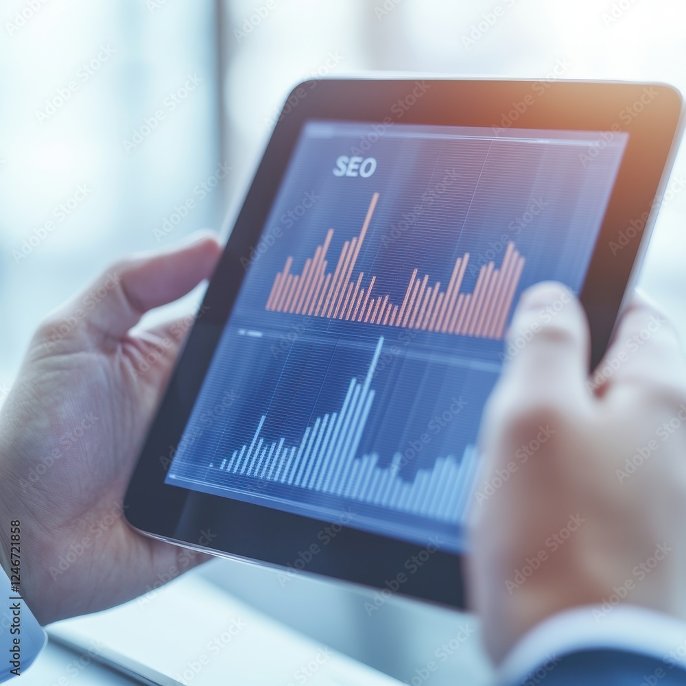 Poster a person analyzes seo data on a tablet, featuring colorful graphs and analytics displays, indicating