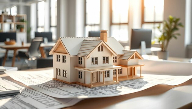 architectural model, miniature house, white wooden dollhouse, desktop, blueprints, modern office setting, natural lighting