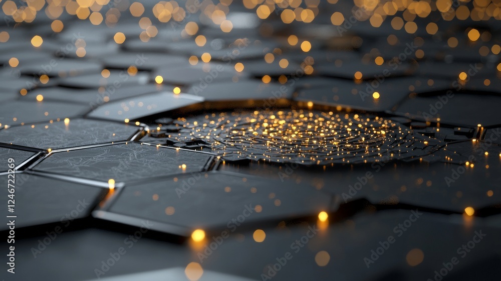 Poster abstract rendering of a 3d city design incorporating lines and digital elements on a hexagonal struc