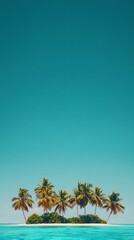 Photo of an island with palm trees and turquoise water, under a clear blue sky
