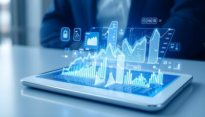 Holographic cityscape, futuristic technology, glowing blue data visualization, smart tablet, financial charts, 3D buildings, digital transformation, augmented reality interface, transparent icons