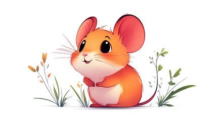 Fototapeta premium Cute cartoon hamster with big eyes, orange fur, and white belly in a whimsical watercolor illustration with soft pastel colors, sitting among small flowers and plants 