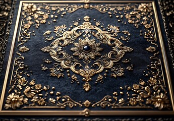 Ornate Black Cover Adorned with Intricate Gold Floral Patterns and a Central Gem, Exuding Elegance and Vintage Charm

