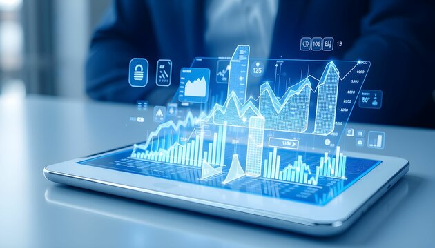 Holographic cityscape, futuristic technology, glowing blue data visualization, smart tablet, financial charts, 3D buildings, digital transformation, augmented reality interface, transparent icons
