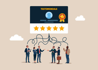 Business people think about testimonial card with good reviews, feedback giving 5 stars rating, positive comment, quality service. Flat vector illustration. 