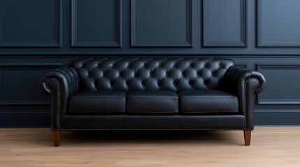 Dark leather sofa against paneled wall, hardwood floor. Interior design, home decor