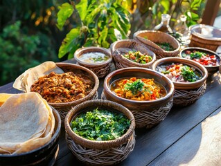 Fototapeta premium Savoring authentic ethiopian cuisine a vibrant display of injera bread with colorful stews in traditional woven bowls