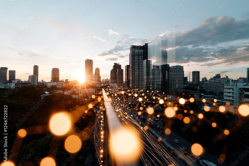 Aufkleber envision a smart city bathed in the luminous trace of speed lines, representing the advanced concept
