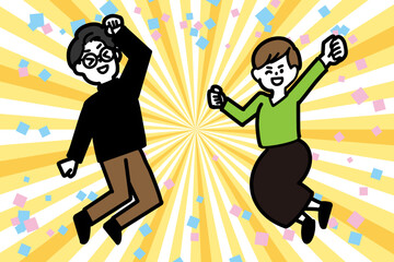 ジャンプして喜ぶ男女のセットイラスト　サンバースト背景