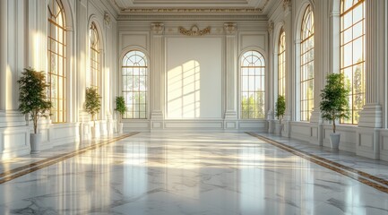 Fototapeta premium Modern Minimalist Living Room with Elegant White Moldings and Polished Marble Floor Interior Design