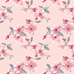 Seamless watercolor floral pattern - green leaves and branches composition on background, perfect for wrappers, wallpapers, postcards, greeting cards, wedding invitations, romantic events