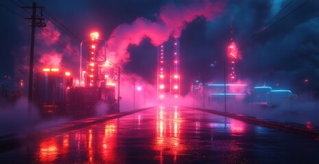 Fototapeta premium Futuristic Hydrogen Energy Storage Facility with Neon Lights and Speeding Train in Cyberpunk Night Scene