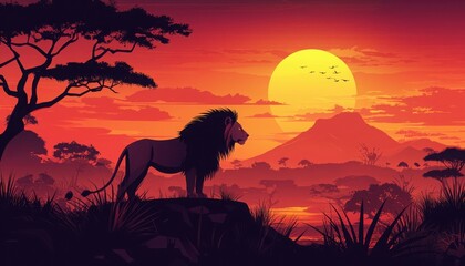 Naklejka premium A majestic lion stands silhouetted against a vibrant sunset, embodying the spirit of the wild in a serene African landscape.
