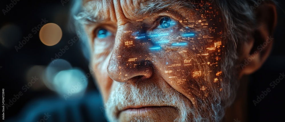 Poster elderly man in cyberspace with digital projections representing artificial intelligence and technolo