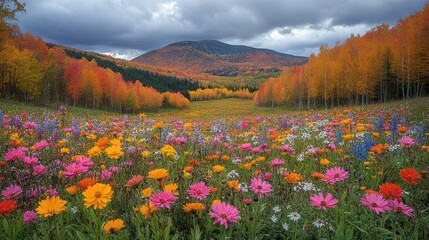 Fototapeta premium Wildflowers in Autumn Field with Mountains