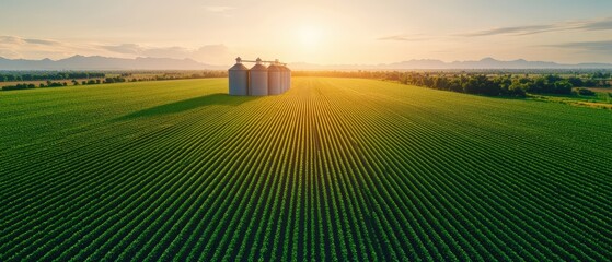 Fototapeta premium Farm landscape featuring a red barn surrounded by green fields and a clear blue sky
