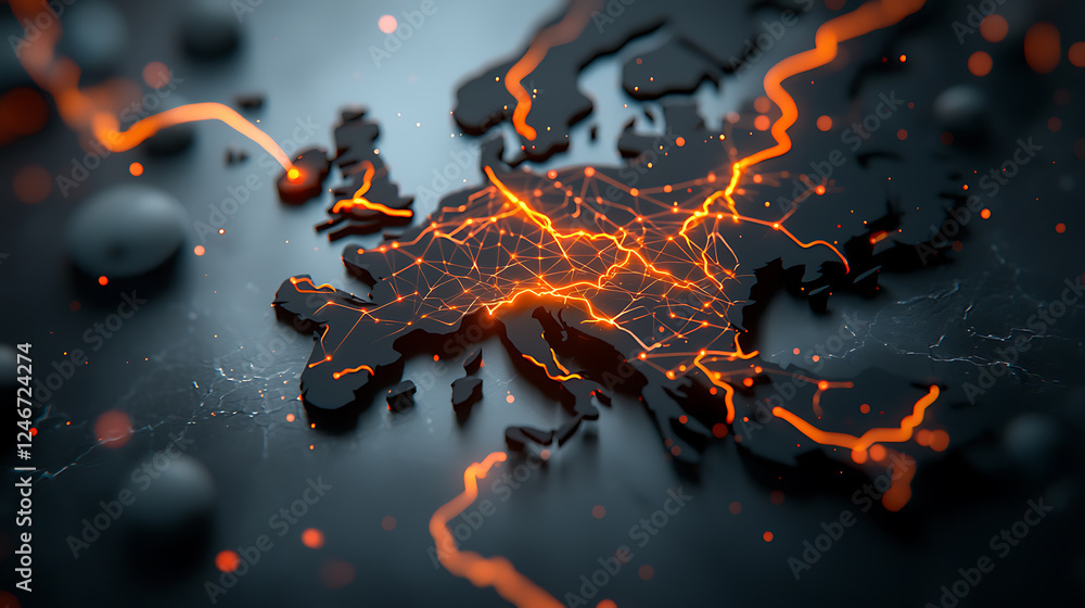 Poster digital map visualization of europe's connectivity global network infographic dark background aerial