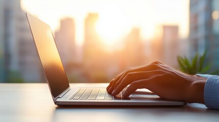 A person is typing on a laptop computer in front of a city skyline