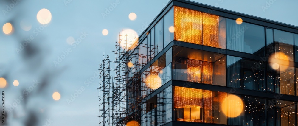 Poster an image depicting a construction building intertwined with digital network lines and light nodes sy