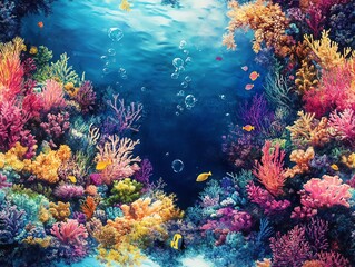 Naklejka premium Vibrant coral reef teeming with aquatic life.