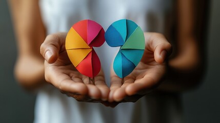 Asian woman holding kidney paper cutouts for kidney health awareness organ donation and chronic disease education