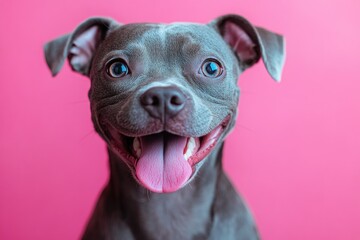 Happy Australian Shepherd Dog Puppy with Tongue Out in Whimsical Portrait with Pink Background