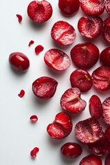 Fototapeta premium Juicy Red Cherries Halved Whole, Fresh Vibrant Fruit Photography