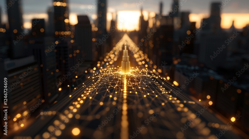 Poster a globalized smart digital city visualized through an abstract graphic that highlights a connection 