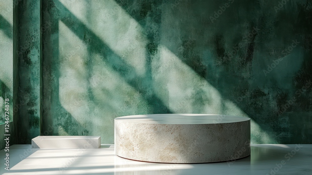 Poster minimalist round marble podium on white surface with soft shadows and green background for product d