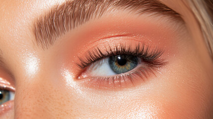 Obraz premium Stunning close-up of a woman's eye featuring warm tones and well-defined lashes in natural light