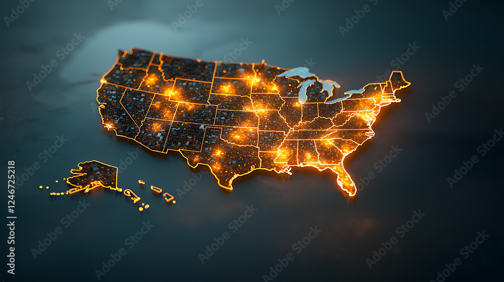 Poster illuminated map of the united states digital visualization geographical data representation dark bac