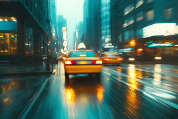 Rainy city street with moving taxi and colorful reflections at twilight