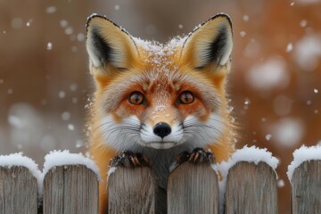 Fototapeta premium red fox with snowdusted fur peering curiously over a rustic wooden fence framed against a softly blurred wintry background evoking a sense of wonder and the beauty of wildlife in winter