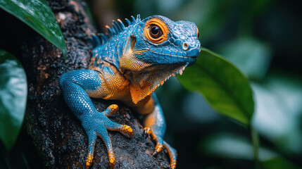 Reptiles, such as a brightly colored iguana climbing a tree trunk in a dense rainforest