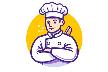 A clean and modern vector illustration of a professional chef wearing a traditional white uniform and a tall hat, holding a cooking utensil. 