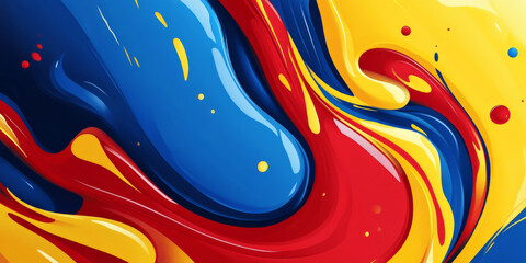 A colorful and energetic abstract background with dynamic splashes of red, yellow, and blue, creating a chaotic yet harmonious feel. This design is ideal for modern branding, sports promotions, or