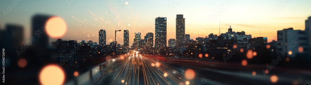 Poster smart city elements connected via gradient lines, incorporating connection technology and the metave