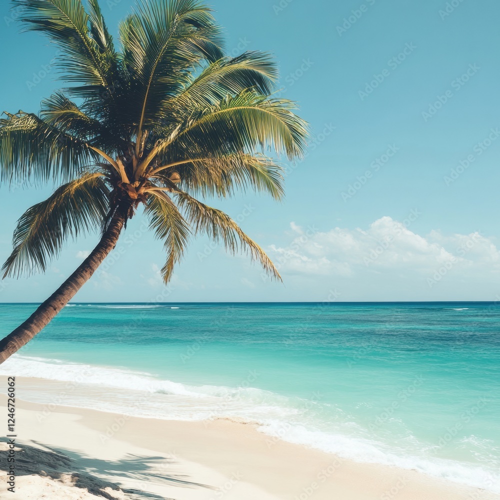 Poster tropical paradise beach with a coconut palm tree and crystal clear turquoise water inviting relaxati