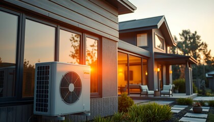 Modern suburban home, exterior view, sunset, large windows, heat pump unit, energy efficient, architectural design, warm lighting inside, landscaped garden, reflective glass, cozy atmosphere