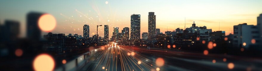 Obraz premium Smart city elements connected via gradient lines, incorporating connection technology and the metaverse idea. Bangkok, Thailand, illuminated at night, adorned with a big data banner