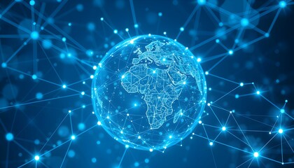 Obraz premium global network, digital world, blue glowing connections, futuristic sphere, interconnected nodes, technology concept, data visualization, abstract globe, cyberspace