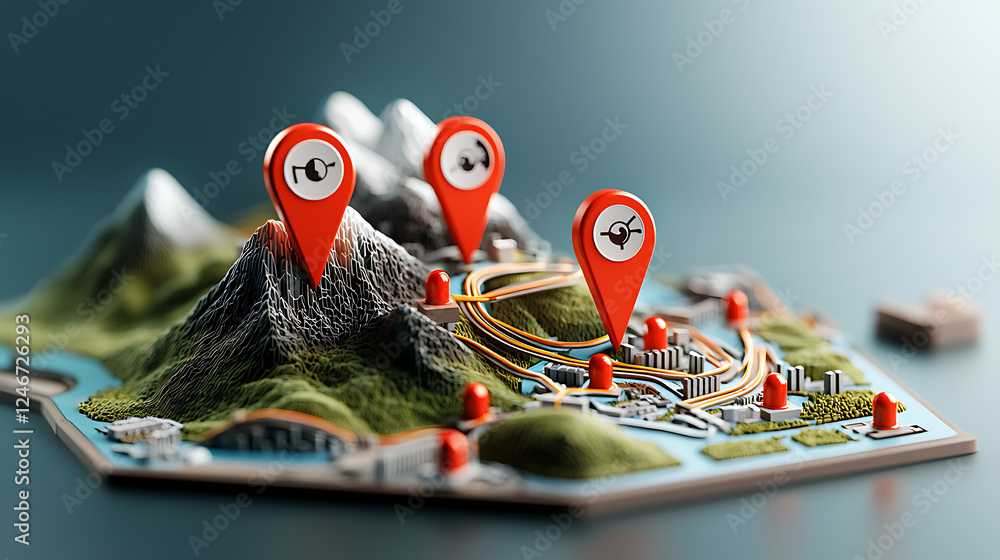 Poster exploring geographic features scenic terrain 3d map visualization digital environment aerial view lo