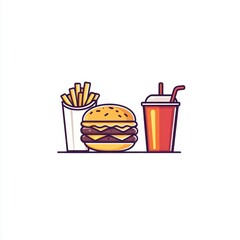 Cheeseburger, fries, soda combo; fast food meal illustration; white background; menu graphic