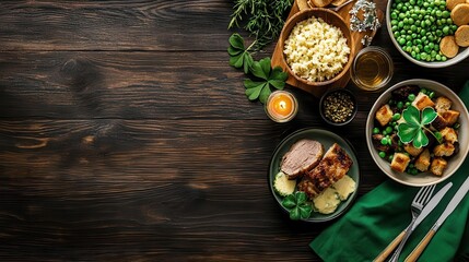 A farmtotable dinner scene with homemade Irish dishes and festive St Patrick s Day decorations