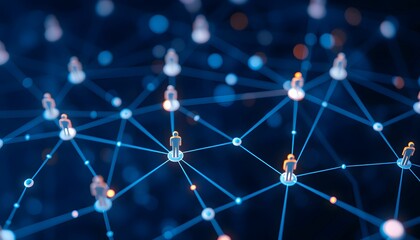 network connections, glowing nodes, blue digital background, futuristic technology, abstract visualization, interconnected web, data points, technological mesh, cyber security concept