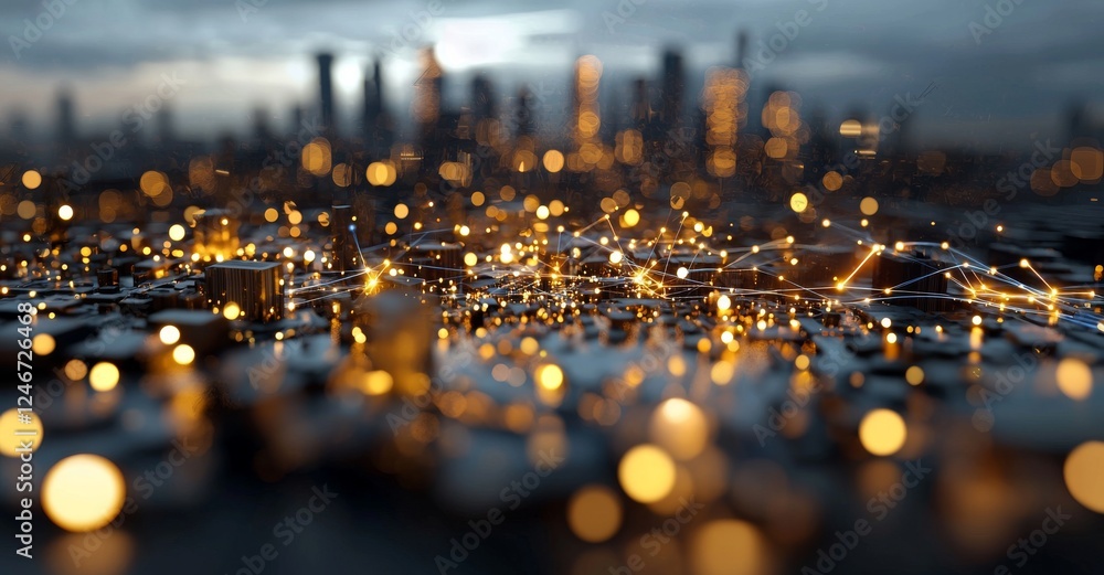 Poster 3d renderabstract lines and dots forming a gradient connection in a smart city design, symbolizing b